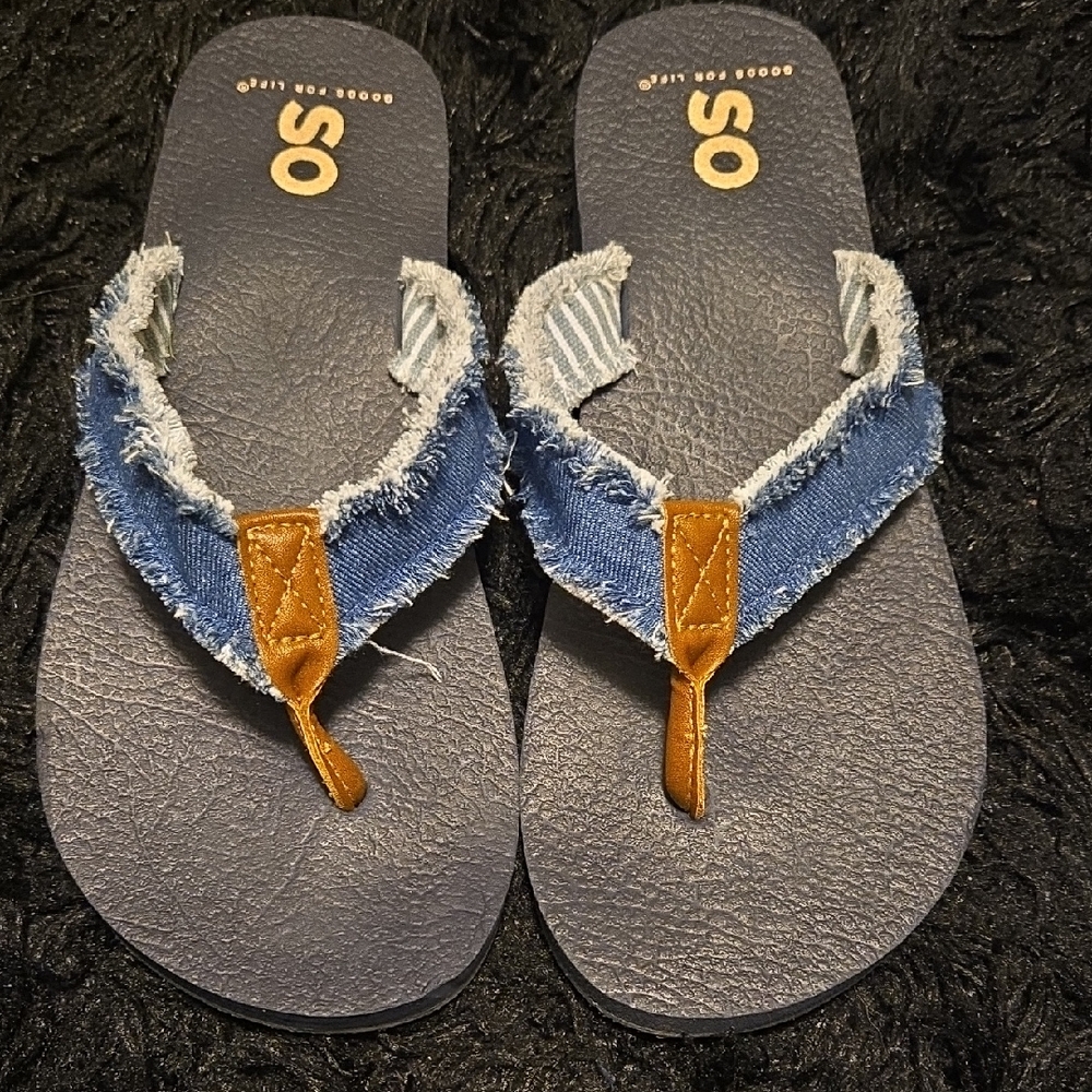 SO Blue Denim Flip Flops with Tan Details
